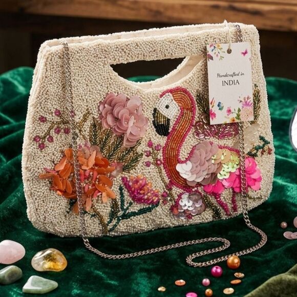 Handcrafted in India Handbags - Handcrafted in India Flamingo Tropical Flowers Beaded Sequin Clutch Bag NWT